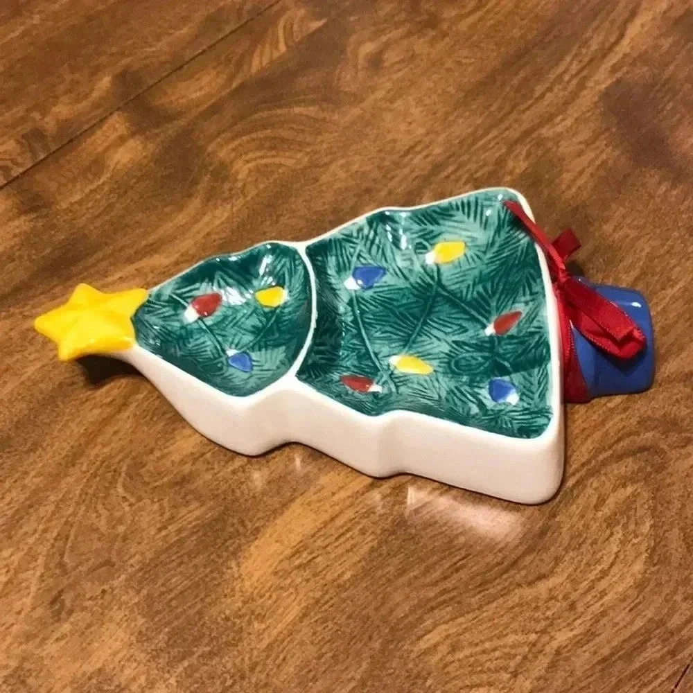 Hallmark Ceramic Christmas Tree Candy Dish‎ 2 Section Divided Server Tray Star